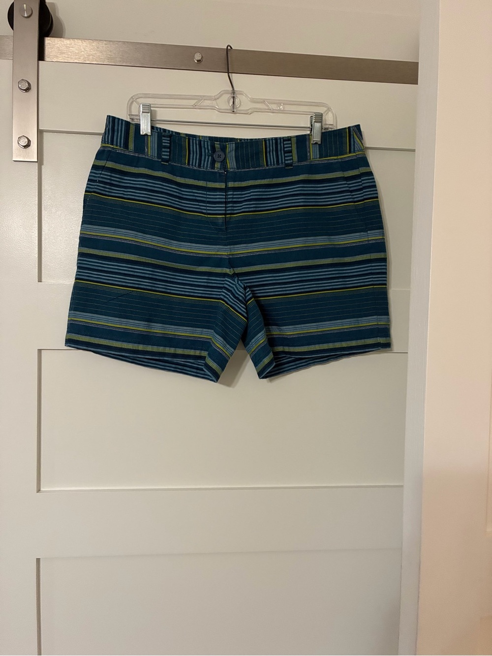 Ann Taylor Striped Teal & Navy Flat-Front Shorts